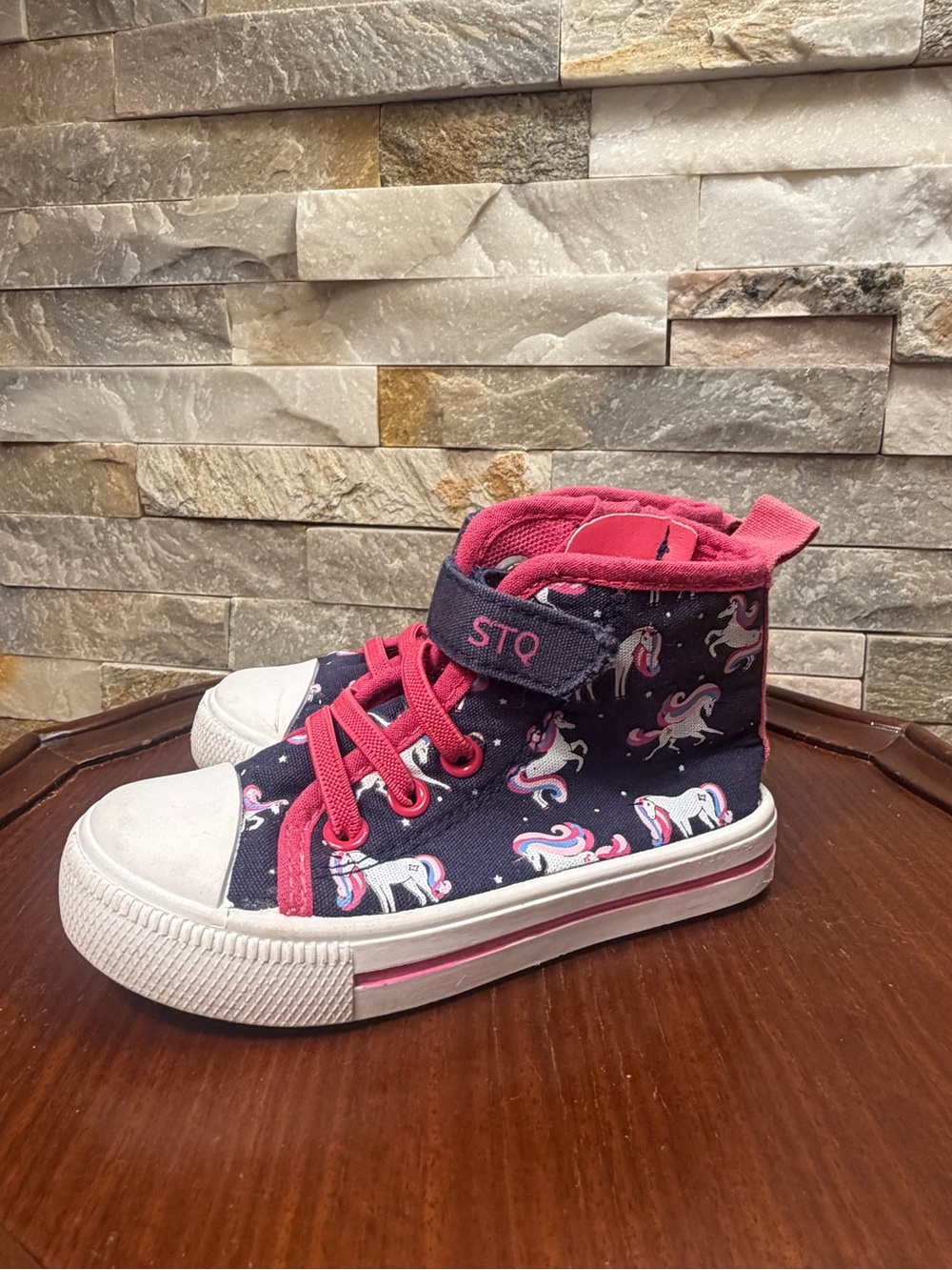 Girls Sz 7 STQ Unicorn Navy Blue Pink High-Top Canvas Zip Up Shoes Sneakers EUC